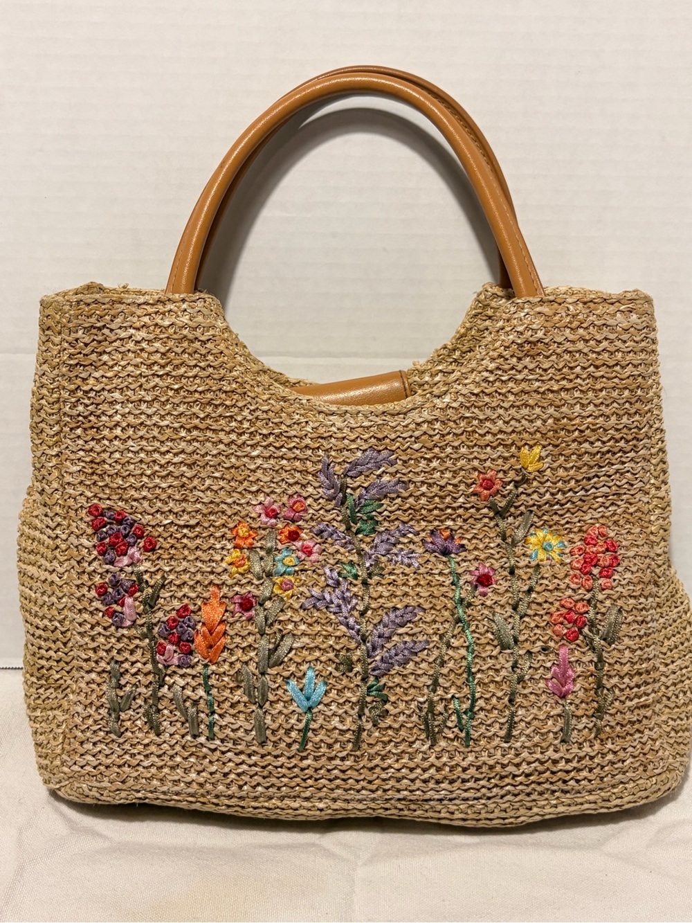 Vintage Embroidered Straw Tote Bag with Tan Handles
